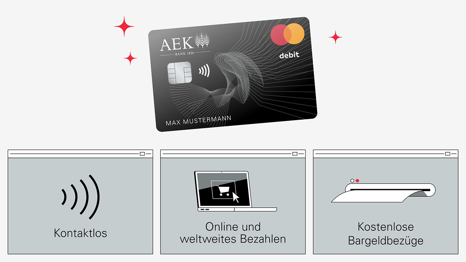 AEK Debit Mastercard, Kontaktlos, Online und weltweites Bezahlen und kostenlose Bargeldbezüge, Animation