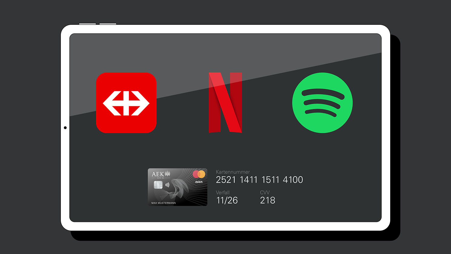AEK Debit Mastercard, Online Dienste wie SBB, Netflix oder Spotify, Animation