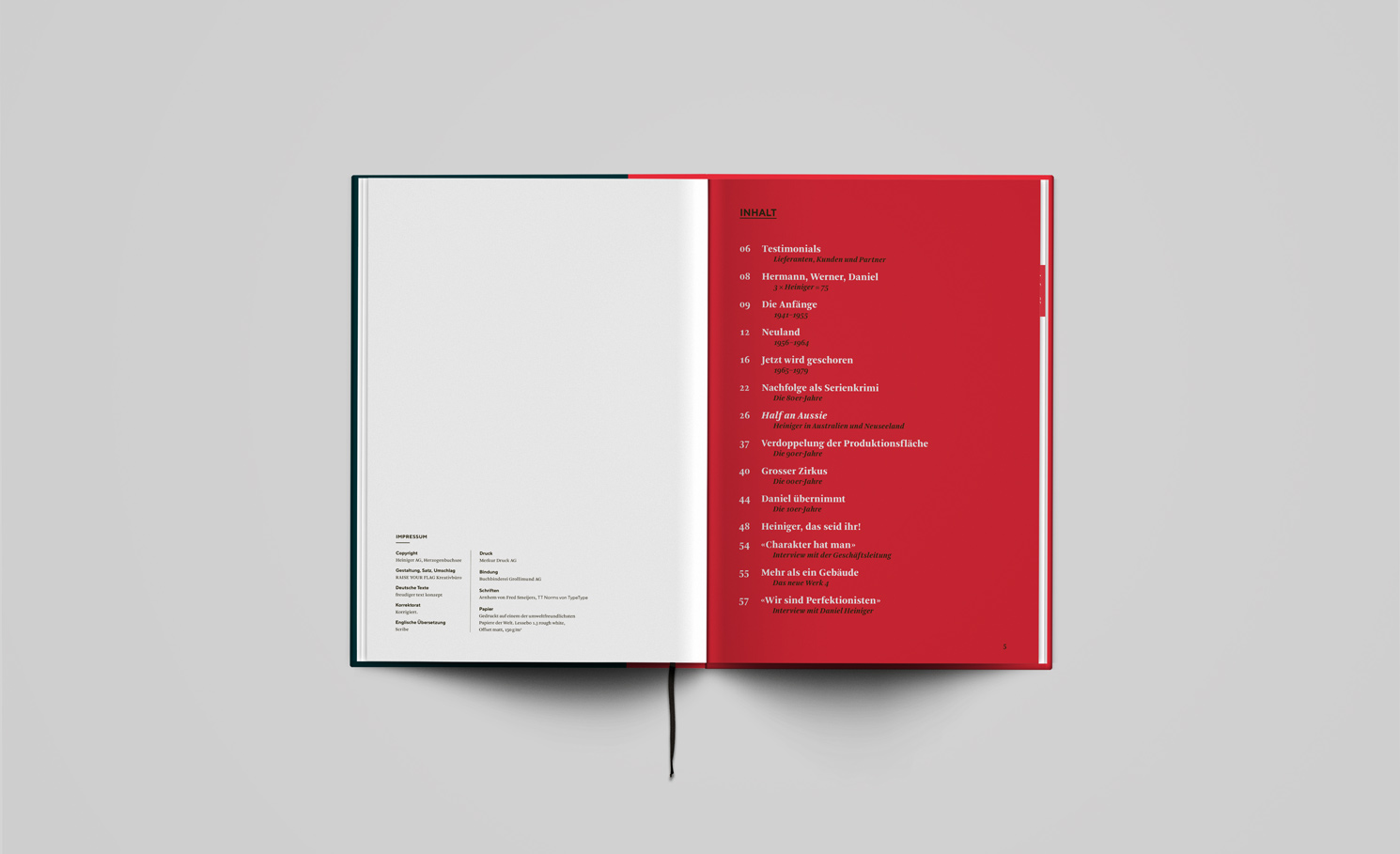 Heiniger AG, Jubiläumsbuch Inhaltsverzeichnis, Editorial Design